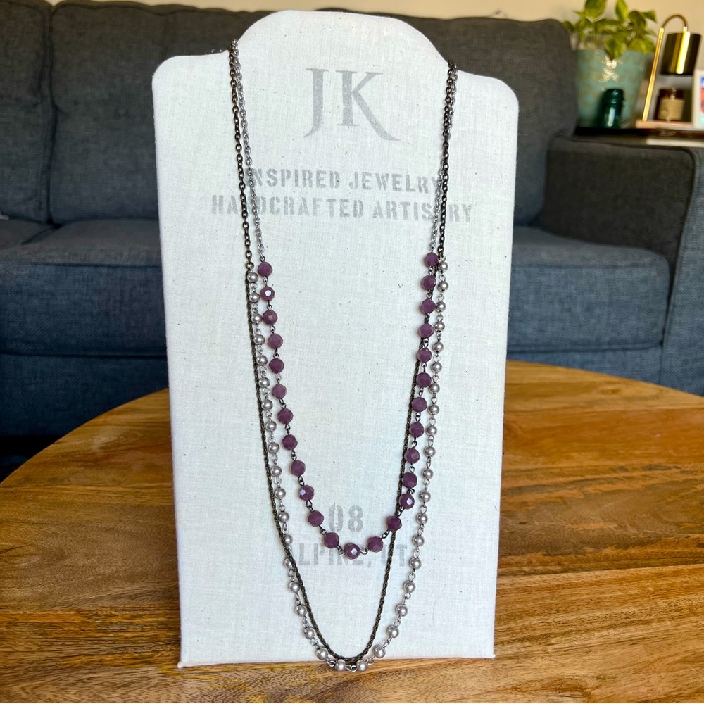 Jewel Kade antique brass, silver and purple beaded necklace.
